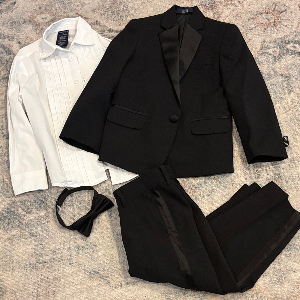 Boy’s Nautical Black Suit with Satin Lapel, suit pants, dress shirt, and tie